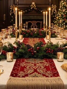 Extra Long Luxury Wine and Gold Fringed Tapestry type Table Runner 98" long